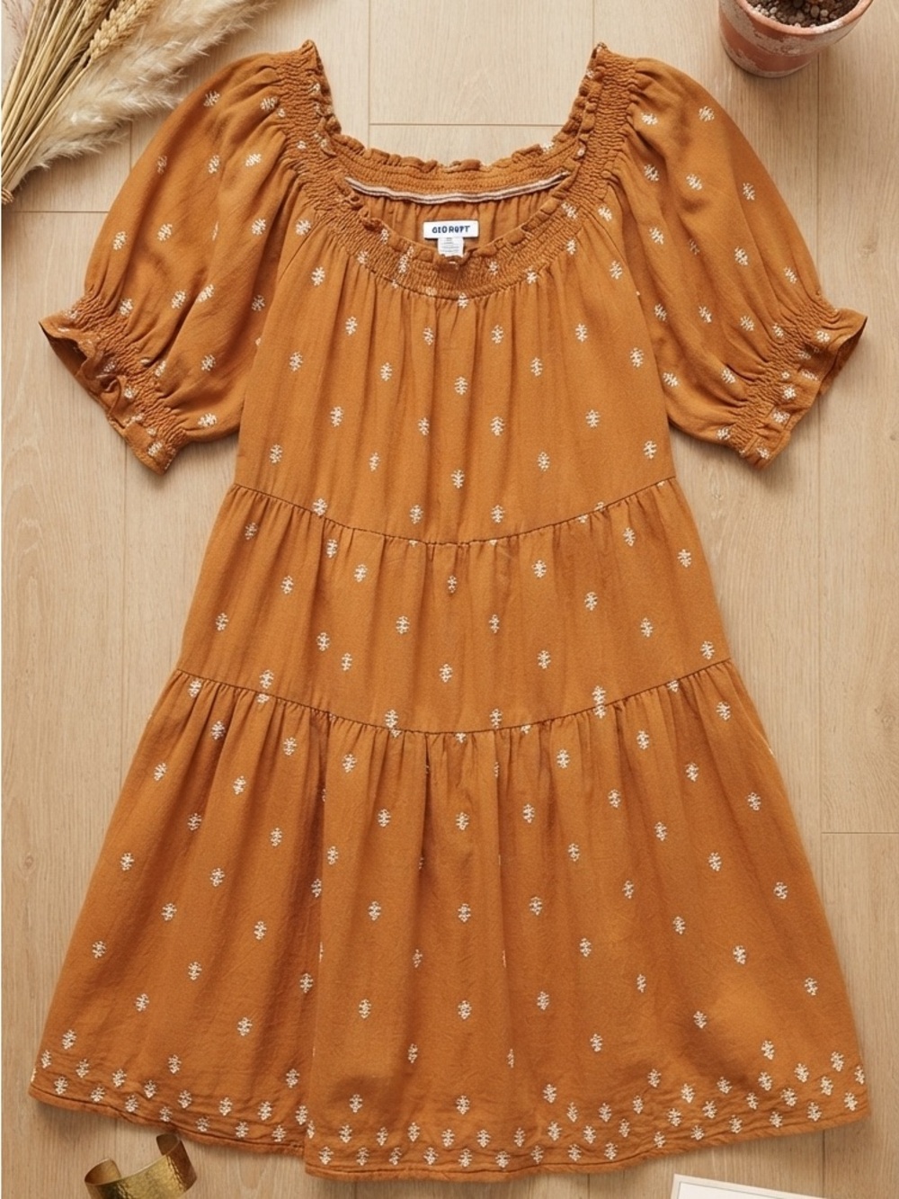 Old Navy Mustard Tiered Mini Dress with White Embroidered Dots